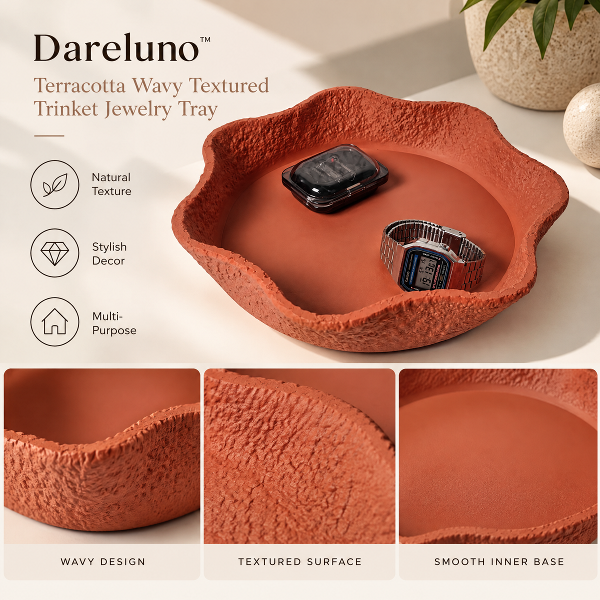 Dareluno™ Terracotta Wavy Textured Trinket Jewelry Tray – Sculptural Catchall Organizer