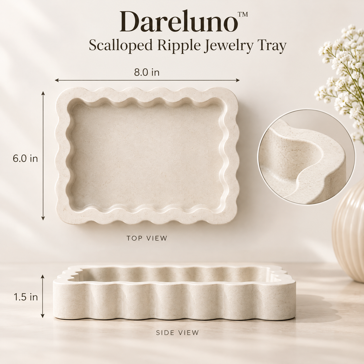Dareluno™ Scalloped Ripple Jewelry Tray – Sculptural Resin Ring & Trinket Organizer