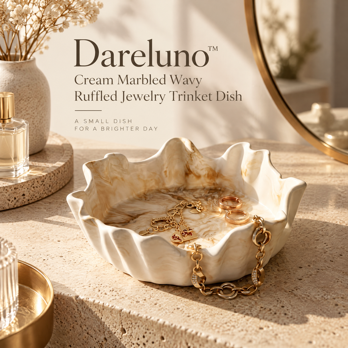 Dareluno™ Cream Marbled Wavy Ruffled Jewelry Trinket Dish – Sculptural Ring & Jewelry Organizer