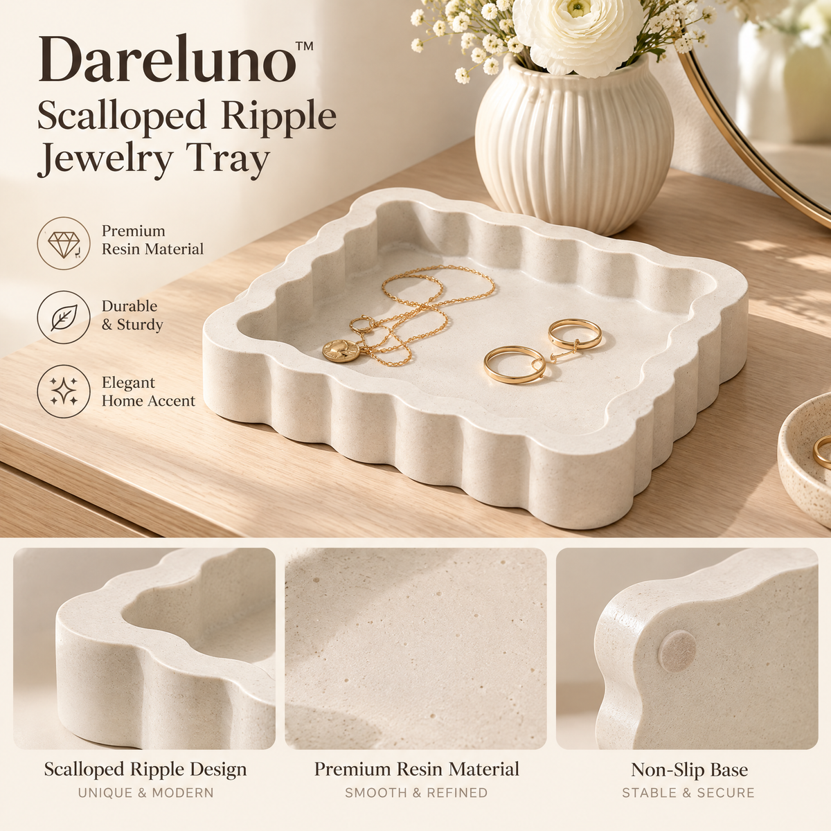 Dareluno™ Scalloped Ripple Jewelry Tray – Sculptural Resin Ring & Trinket Organizer