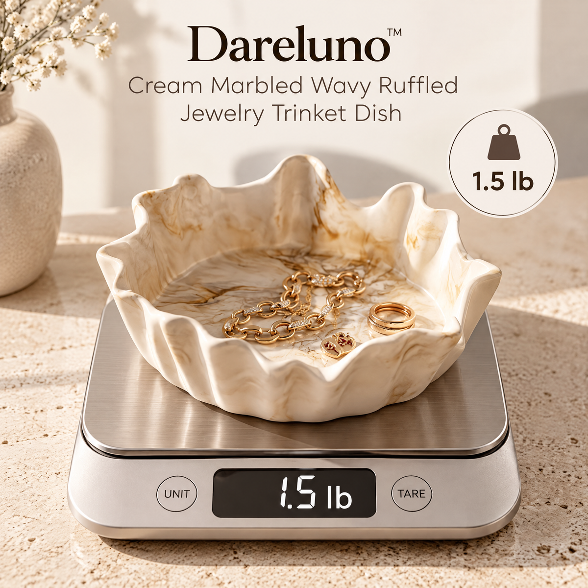 Dareluno™ Cream Marbled Wavy Ruffled Jewelry Trinket Dish – Sculptural Ring & Jewelry Organizer
