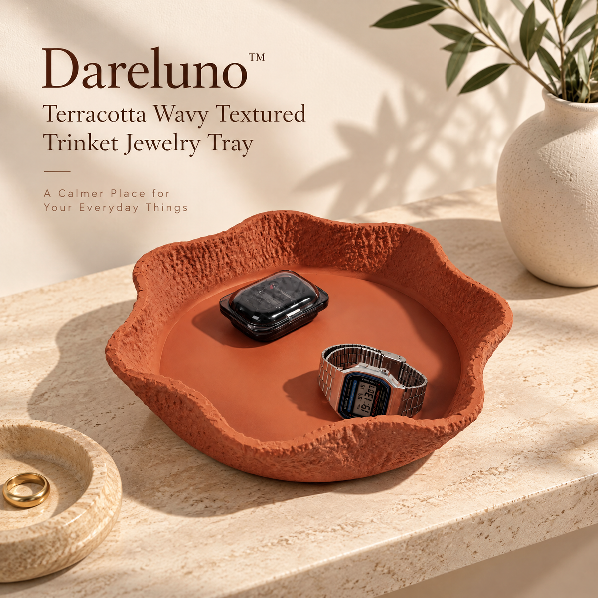 Dareluno™ Terracotta Wavy Textured Trinket Jewelry Tray – Sculptural Catchall Organizer