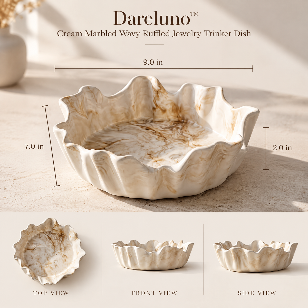 Dareluno™ Cream Marbled Wavy Ruffled Jewelry Trinket Dish – Sculptural Ring & Jewelry Organizer