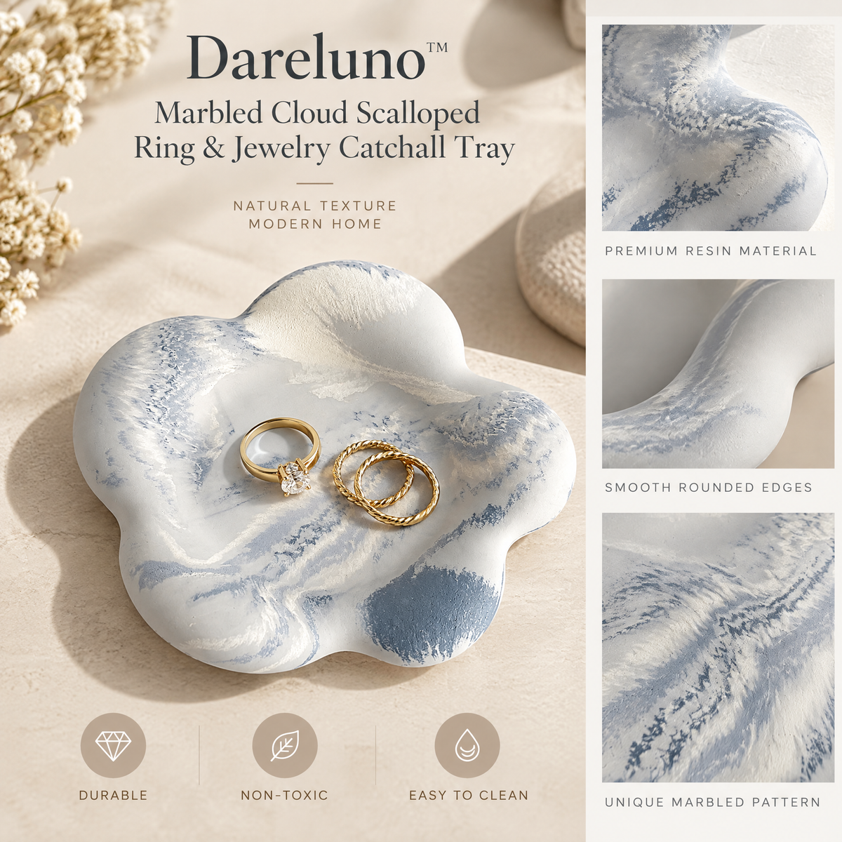 Dareluno™ Marbled Cloud Scalloped Ring & Jewelry Catchall Tray
