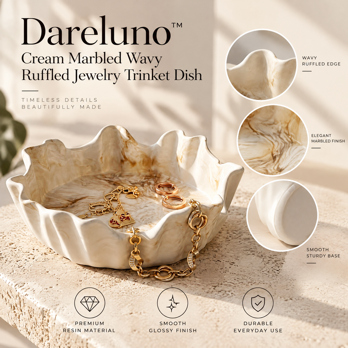 Dareluno™ Cream Marbled Wavy Ruffled Jewelry Trinket Dish – Sculptural Ring & Jewelry Organizer