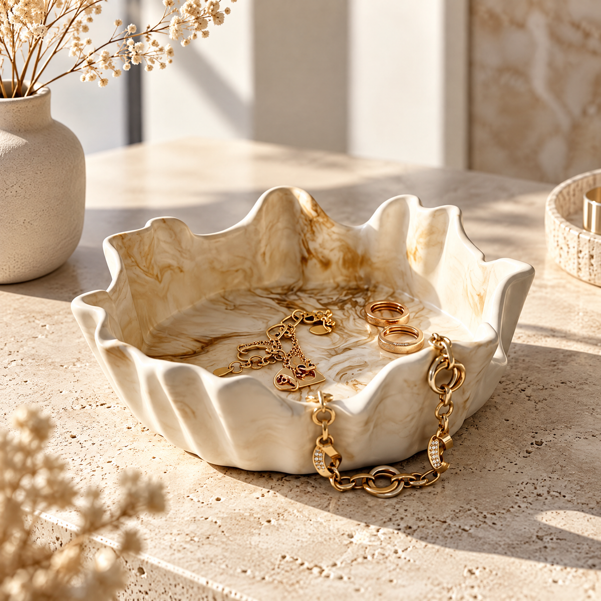 Dareluno™ Cream Marbled Wavy Ruffled Jewelry Trinket Dish – Sculptural Ring & Jewelry Organizer